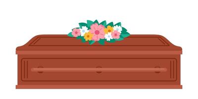 Sarg mit Blumen auf Es. Beerdigung, Trauer Tradition. Beerdigung Zeremonie von tot menschlich, geschlossen Sarg. Ritual Bedienung Vektor Illustration.
