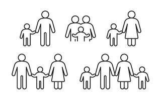 familj med barn, linje ikon uppsättning. unge med far och mor, föräldrar. Lycklig familj. vektor översikt illustration