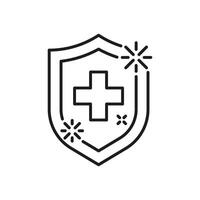 Schild mit medizinisch Kreuz zum schützen Gesundheit von Virus und Bakterien, Linie Symbol. immun sicher. Vektor Zeichen Illustration