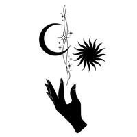 Hand mit Sonne, Mond und Sterne. abstrakt Symbol zum Kosmetika und Verpackung, Schmuck, Logo, Tätowierung. esoterisch. vektor