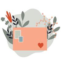 brev med blommor och hjärta. platt illustration. valentines dag kort design. söt vykort för mor. vektor