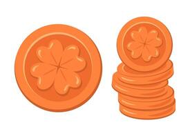 Glücklich Kupfer Münzen mit vier Blatt Kleeblatt. st. Patrick's Tag Symbol. vektor