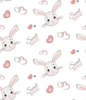 sömlös mönster med tecknad serie kanin och hjärtan på vit bakgrund med text ljuv kärlek vektor