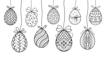 hängande påsk ägg uppsättning med bågar och prydnad i linje konst stil. svart och vit hand dragen vektor illustration