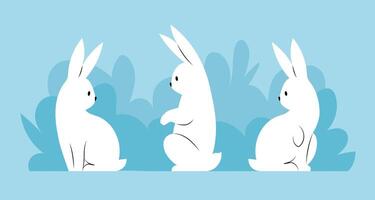 påsk kanin uppsättning. vit kaniner i annorlunda poser på blå bakgrund. vektor