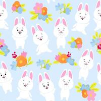 nahtlos Muster von süß Weiß Ostern Hasen und einfach Blumen vektor