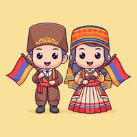 süß Junge und Mädchen im traditionell Armenisch Kleid und halten Armenisch Flagge Vektor Symbol Illustration