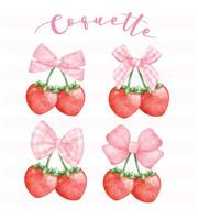 Kokette Erdbeeren mit Rosa Band Bogen Satz, ästhetisch Aquarell Hand Zeichnung vektor