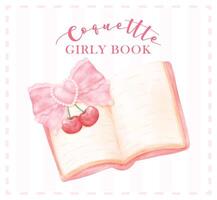retro kokett bok öppnad med rosa spets rosett och röd körsbär illustration, trendig preppy chic rosa vattenfärg konst vektor