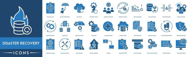 katastrof återhämtning ikon. återhämtning planen, katastrof beredskap, data säkerhetskopiering, återhämtning strategi, företag kontinuitet, kris förvaltning, data restaurering, katastrof elasticitet och säkerhetskopiering lösningar ikon. vektor