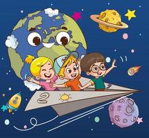 Karikatur Kinder fliegend mit Papier plane.kids Reiten Papier Flugzeug Vektor Illustration