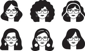 uppsättning av skönhet kvinnor karaktär med glasögon och hår illustration vektor