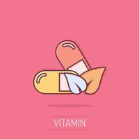 Vitamin Pille Hinweis Symbol im Comic Stil. Kapsel Karikatur Vektor Illustration auf isoliert Hintergrund. Antibiotikum Spritzen bewirken Zeichen Geschäft Konzept.