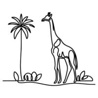 kontinuerlig enda hand teckning svart linje konst av giraff stående översikt klotter tecknad serie skiss stil vektor illustration på vit bakgrund