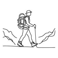 ai generiert einer geht weiter schwarz Linie Zeichnung Wandern Mann mit zurück Seite beim Berg Landschaft Wald Gliederung Gekritzel Vektor Illustration auf Weiß Hintergrund