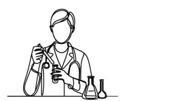 ai generiert einer kontinuierlich schwarz Linie Zeichnung skizzieren Arzt Frau suchen beim Gießen Flüssigkeit im Prüfung Tube von klar Lösung im ein Wissenschaftler Labor International Arzt Tag Konzept Vektor
