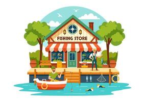 fiske Lagra vektor illustration med försäljning olika fiske Utrustning, bete, fisk fångst Tillbehör eller objekt på platt tecknad serie bakgrund