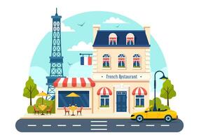 Französisch Küche Restaurant Vektor Illustration mit verschiedene traditionell oder National Essen Gericht von Frankreich auf eben Stil Karikatur Hintergrund