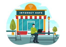 Internet Cafe Vektor Illustration mit Gebäude zum jung Menschen spielen Spiele, Arbeitsplatz verwenden ein Laptop, reden und Trinken im eben Hintergrund
