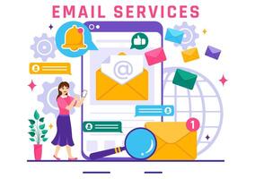 e-post service vektor illustration med fil korrespondens leverans, elektronisk post meddelande och företag marknadsföring i platt tecknad serie bakgrund
