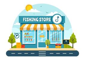 fiske Lagra vektor illustration med försäljning olika fiske Utrustning, bete, fisk fångst Tillbehör eller objekt på platt tecknad serie bakgrund