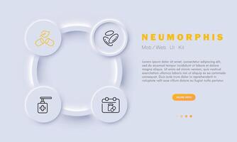 Medizin einstellen Linie Symbol. Tablets, Granatwerfer, Stößel, Schild, Behandlung, natürlich Zutaten. Neomorphismus Stil. Vektor Linie Symbol zum Geschäft und Werbung