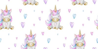 skriva ut av söt liten unicorns och hjärtan. bakgrund av bebis ponnyer. vattenfärg hand dragen sömlös mönster för barns rum, varor, kläder, vykort, bebis dusch och barnkammare, tyg vektor