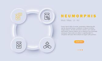 Medizin einstellen Linie Symbol. Fraktur, Knochen, Behandlung, Arzt, Smartphone, Herz, Spritze, zuerst Hilfe Bausatz. Neomorphismus Stil. Vektor Linie Symbol zum Geschäft und Werbung