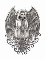 santa muerte ängel med blommor dag av de död- design förbi hand teckning på papper. vektor