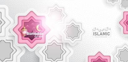 Ramadan Kareem Background-Papierkunst oder Papierschnittart mit Fanoos-Laterne, Halbmond &amp; Moschee-Hintergrund Für Web-Banner, Grußkarten und Werbevorlagen in Ramadan Holidays 2019. vektor