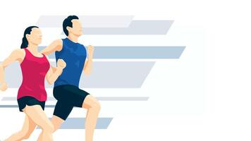 modern maraton illustration på vit bakgrund.man och kvinna löpning i röd och blå t-shirts. perfekt för maraton och löpning evenemang vektor