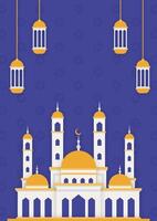 Vektor Illustration von Weiß Moschee mit Gold Akzente und Laternen auf Licht Blau Hintergrund - - Ideal zum Plakate und Banner