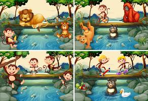 Vier Szenen mit wilden Tieren im Fluss vektor