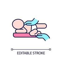 Babymassage RGB-Farbsymbol. Bauchzeit üben. Baby zurück massieren. Neugeborenenkolik behandeln. hilft dem Baby, sich zu entspannen. isolierte Vektor-Illustration. einfache gefüllte Strichzeichnung. bearbeitbarer Strich vektor