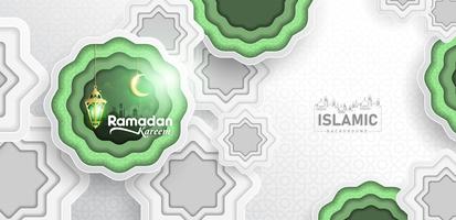 Ramadan Kareem Background-Papierkunst oder Papierschnittart mit Fanoos-Laterne, Halbmond &amp; Moschee-Hintergrund Für Web-Banner, Grußkarten und Werbevorlagen in Ramadan Holidays 2019. vektor