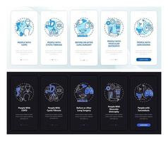Lungenrehabilitationspatienten Tag und Nacht beim Onboarding der mobilen App-Seitenseite. exemplarische 5 Schritte grafische Anweisungen mit Konzepten. ui, ux, gui-Vektorvorlage mit linearen Nacht- und Tagmodus-Illustrationen vektor