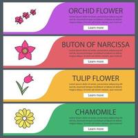 blommor webb banner mallar set. orkidégren, narcisserhuvud, tulpan, kamomill. menyalternativ på webbplatsens färg. vektor headers designkoncept