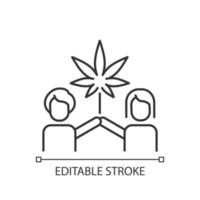 Lineares Symbol der Cannabiskultur. Freizeitkonsum von Marihuana. soziale Bewegung. legaler Konsum. dünne Linie anpassbare Illustration. Kontursymbol. Vektor isolierte Umrisszeichnung. bearbeitbarer Strich