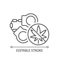 Marihuana verhaftet lineares Symbol. Verstoß gegen das Drogengesetz. Kriminalisierung von Cannabis. Kriminelle Strafen. dünne Linie anpassbare Illustration. Kontursymbol. Vektor isolierte Umrisszeichnung. bearbeitbarer Strich