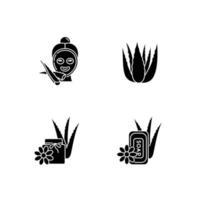 Aloe Vera schwarze Glyphensymbole auf weißem Raum. weibliche Gesichtsmaske. Spa-Behandlung. Sprossen von Heilpflanzen. Badeprodukte. Dermatologie und Kosmetik. Silhouette-Symbole. isolierte Vektorgrafik vektor