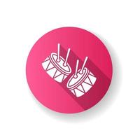 Schlagzeug mit Trommelstöcken rosa flaches Design lange Schatten Glyphe Symbol. Musikinstrument. brasilianischer Karneval. Samba. festlicher Umzug. musikalische Bewegung. Nationalfeiertag. Silhouette RGB-Farbabbildung vektor