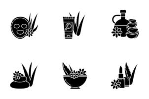 Aloe Vera schwarze Glyphensymbole auf weißem Raum. Kosmetologie. Spa-Behandlung. Gesichtsmaske. Naturkosmetik. Kräuteröl. Lippenbalsam. Hautpflegeprodukte. Silhouette-Symbole. isolierte Vektorgrafik vektor