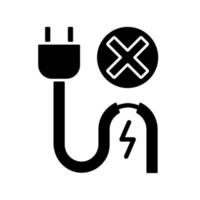 Nicht verwenden, wenn Kabel beschädigt ist schwarzes Symbol für manuelles Etikett. Stromschlaggefahr. vr-Einschränkungen. Silhouette-Symbol auf Leerzeichen. Vektor isolierte Illustration für Produktgebrauchsanweisungen