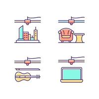tredimensionella objekt produktion rgb färg ikoner set. 3d stadsmodell. möbelindustrin. elektroniktillverkningsprocess. isolerade vektorillustrationer. enkla fyllda linjeritningar samling vektor