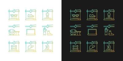 Farbverlaufssymbole für die additive Fertigung für den dunklen und hellen Modus. 3D-Modelle erstellen. dünne Linie Kontursymbole bündeln. isolierte Vektor-Umriss-Illustrationen-Sammlung auf Schwarz und Weiß vektor