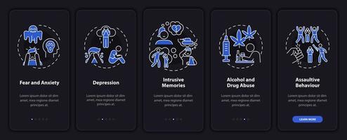 Opfer von Hassreden beim Onboarding des Bildschirms der mobilen App. aufdringliche Erinnerungen Walkthrough 5 Schritte grafische Anweisungen mit Konzepten. ui, ux, gui-vektorvorlage mit linearen nachtmodusillustrationen vektor