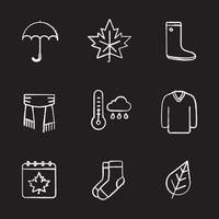 hösten krita ikoner set. paraply, varma strumpor, lönnlöv, vattentät, halsduk, tröja, höstväder och kalender. isolerade svarta tavlan vektorillustrationer vektor