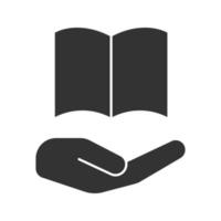 öppen hand med bok glyfikon. bibliotek. siluett symbol. gratis e-böcker. negativt utrymme. vektor isolerade illustration