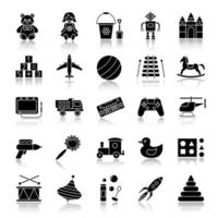 Kinderspielzeug Schlagschatten schwarze Glyphe Icons Set. Lernspiele. Kinderanimation. isolierte vektorillustrationen vektor