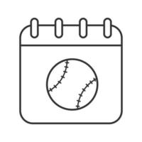 baseball turnering datum linjär ikon. tunn linje illustration. kalendersida med softballboll. kontur symbol. vektor isolerade konturritning